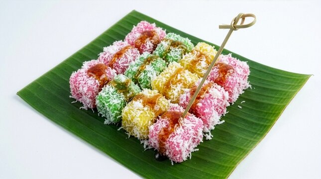 Traditional Indonesian sweet colorful snack cenil chewy rice starch cakes coated with grated coconut and brown sugar syrup on a clean white background