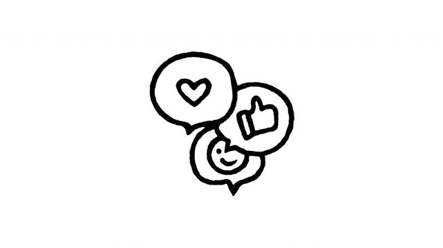 Animated doodle icon of social media feedback speech bubbles with heart, thumbs up, and comment icons.