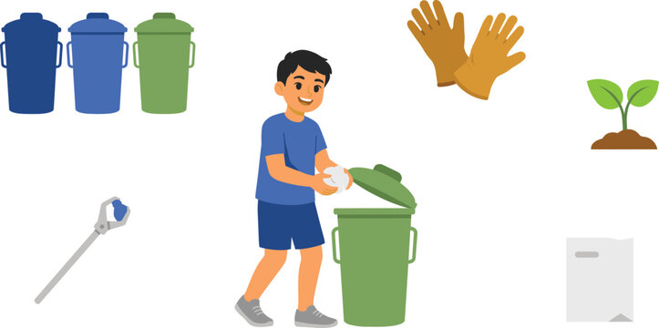 Boy Throwing Trash in Bin Vector Set with Recycling Containers Gloves Trash Picker and Sprout Icons for Eco Friendly Environmental Design Concepts