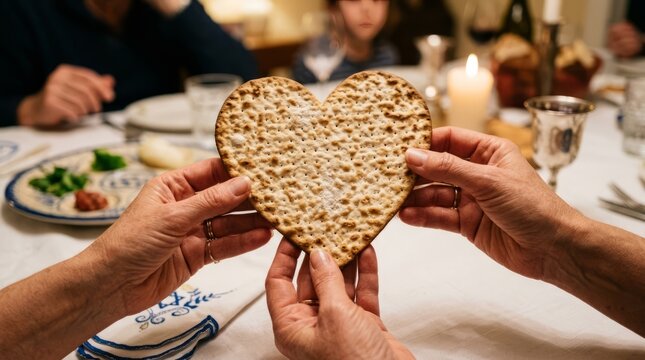 Two hands holding heart-shaped matzah bread during Passover celebration.