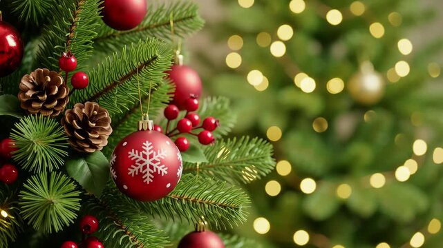Red Christmas bauble on pine tree with pinecones and glowing bokeh fairy lights, festive holiday 3d render animation background loop
