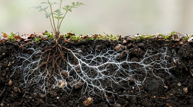 A crosssection view of a plant growing in soil, highlighting the intricate network of glowing white roots spreading underground world soil day
