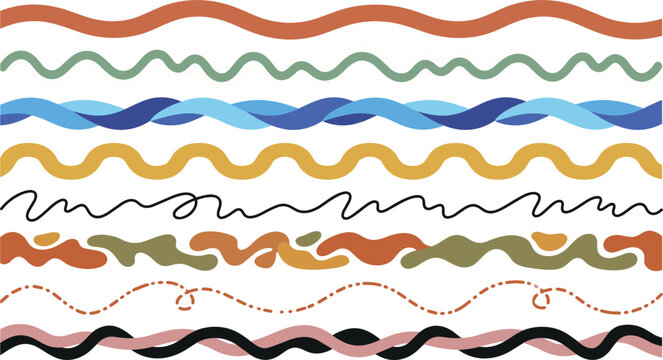  Abstract Wavy Border Line Set with Colorful Hand Drawn Squiggle Dividers for Creative Graphic Design, Cute Social Media Posts, and Decorative Notebook Elements