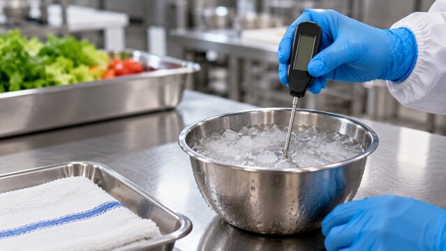 Food Safety Technician Checking Thermometer in Ice Bath