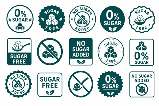 Sugar free and no sugar added labels and badges collection for healthy food and drinks