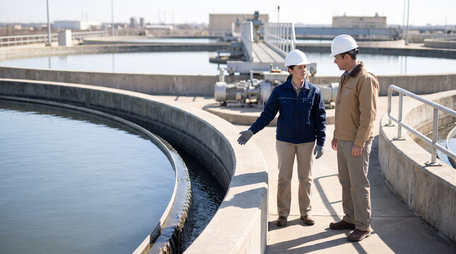 Environmental engineers inspect municipal water treatment clarifier tank, discussing infrastructure maintenance, water quality management and public utility operations.