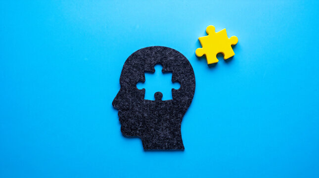 Human head profile cutout on bright blue background with missing yellow puzzle piece representing mental health awareness.