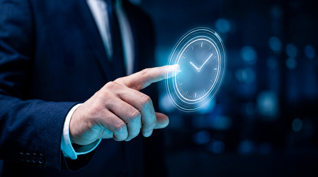 Business executive pointing digital clock icon blue glowing holographic interface representing time management efficiency.