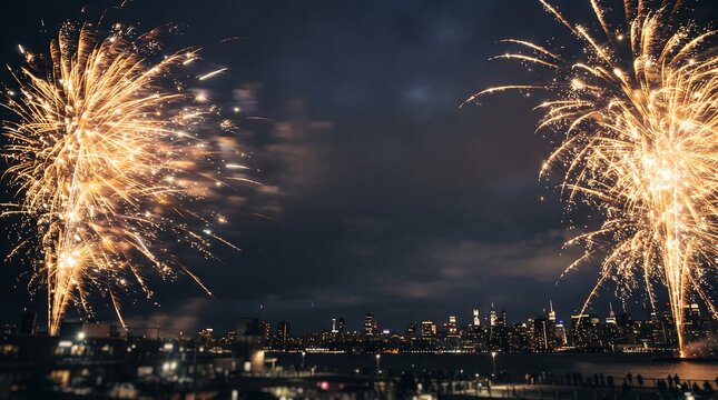 Golden fireworks exploding over a dark city skyline at night across a wide river with silhouettes onlookers foreground