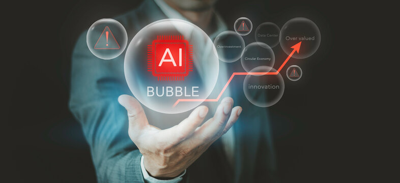 Businessman holding AI bubble and market risk concept. Overinvestment, overvalued tech stocks, data center innovation, warning alert, and financial economic trend analysis.