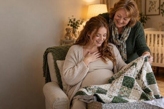 Emotional pregnant redhead woman receiving handmade patchwork quilt gift of smiling mother in cozy nursery armchair