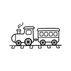 A black outline drawing of a cartoon steam train with a passenger car on tracks, ideal for children's toys or transportation themes. © workdesgin