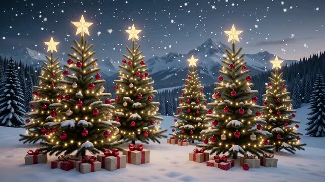 Glowing Christmas trees with ornaments and gift boxes in snowy mountain landscape, winter holiday celebration 3D render looping animation
