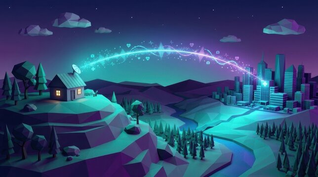 Low poly night landscape with signal to city, telemedicine video call, remote healthcare and connection
