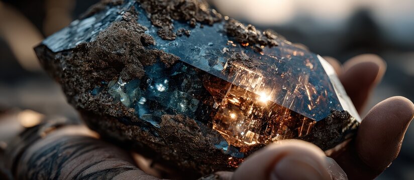 Hand holding shiny mineral specimen.