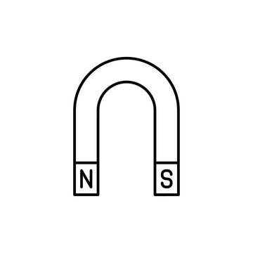 Horseshoe magnet icon with north and south poles in black line art style for science and physics educational graphics on clean transparent background layout.