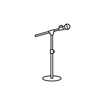 Professional microphone on adjustable floor stand line art vector for music studio podcasting and stage performance graphics with minimalist black outline style.