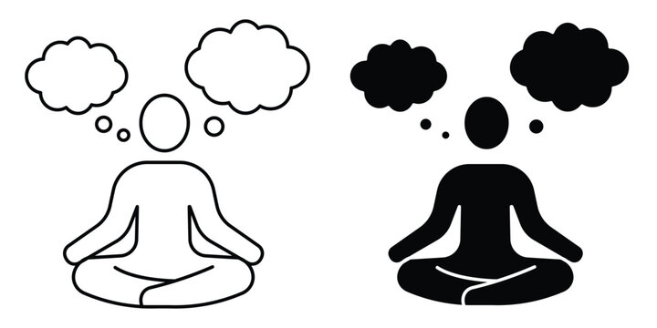 Vector illustration of meditating person icons with blank thought clouds for mindfulness design.