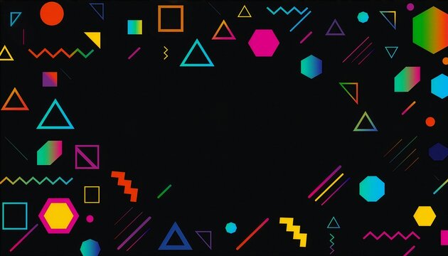 黒い背景にカラフルな幾何学モチーフがフレーム状に配置された背景　Background Where Colorful Geometric Motifs Are Arranged as a Frame on Black