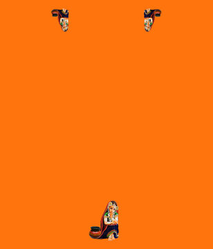 Traditional Indian Village Girl with Earthen Pot Motif Saree Blouse Layout on Vibrant Orange Background
