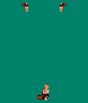 Traditional Indian Folk Girl with Decorated Clay Pot Motif Saree Blouse Layout on Deep Emerald Green Base