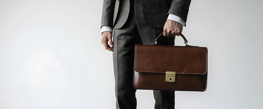 Cropped shot of elegant businessman in luxury suit holding leather briefcase.