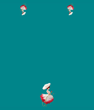 Artistic Woman in Red and White Flower Petal Gown Motif Saree Blouse Layout on Deep Teal Background