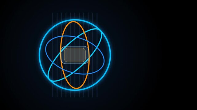 Glowing quantum gyroscopic core hologram rotating in dark space for