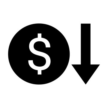Black Dollar Sign Inside Circle with Down Arrow Icon, Financial Decline