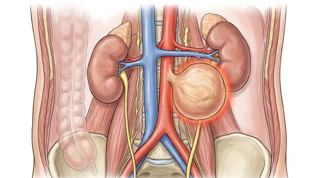 Anatomical illustration of kidneys, adrenal glands, blood vessels and surrounding organs
