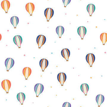 Seamless pattern of colorful hot air balloons on checkered background.