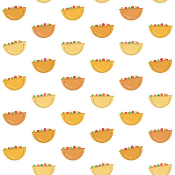 Seamless pattern of colorful taco bowls filled with salad ingredients.