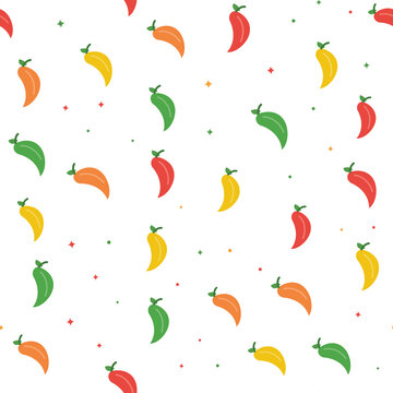 Seamless pattern with colorful chili peppers on checkered background.