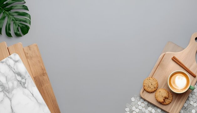 Minimal Kitchen Interior Design Mood Board with Gray Background, Marble Slab, Wooden Planks, Mosaic Tiles, Green Leaf, Cappuccino, Cookies and Cinnamon with Copy Space
