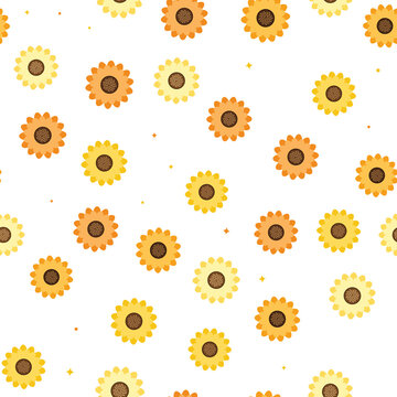 Seamless pattern with yellow and orange sunflowers on checkered background.