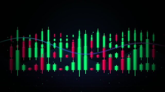 Abstract financial charts with glowing candlestick patterns and wavy neon lines in a dark digital trading 