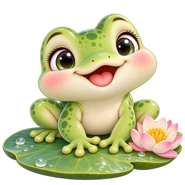 A cute cartoon frog sitting on a lily pad with a pink flower.