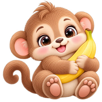 A cute cartoon monkey holding a yellow banana with a happy expression.