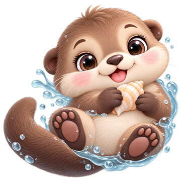 A cute cartoon otter holding a seashell while playing in splashing water.