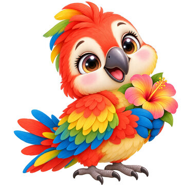 A cute cartoon parrot holding a vibrant tropical flower in its wing.