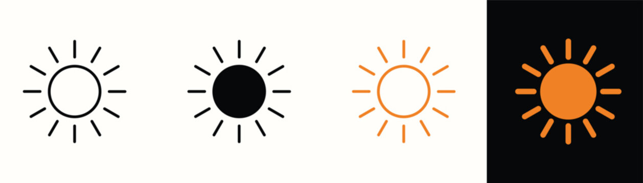 Sun icons in different styles, outline and solid black and orange sun symbols for weather forecast or user interface design web icon set in linear style
