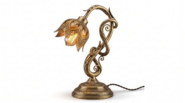 Ornate brass desk lamp with flower shaped shade on white background