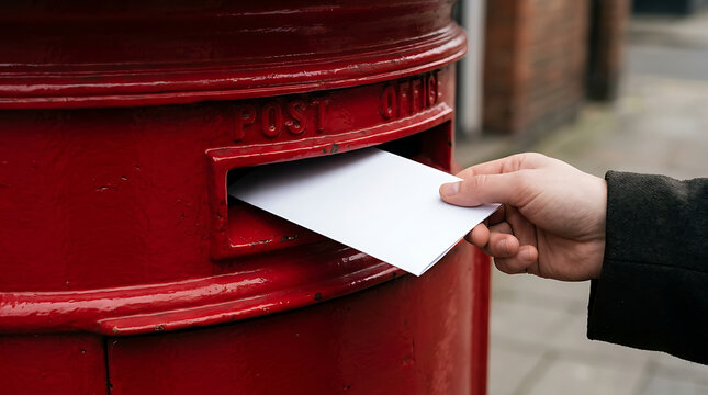Hand inserting a white envelope into a red post box isolated on transparent background