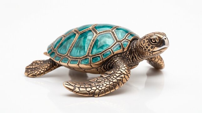 Bronze and teal enamel sea turtle figurine on white background