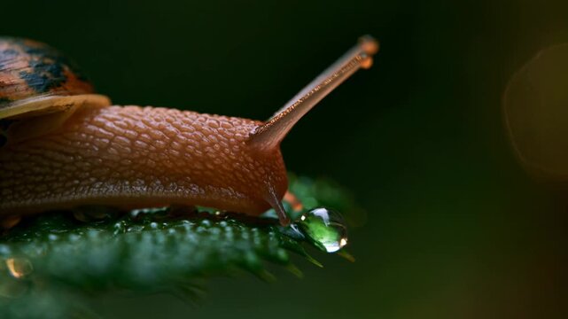 Macro view of a snail slowly crawling on a wet green leaf