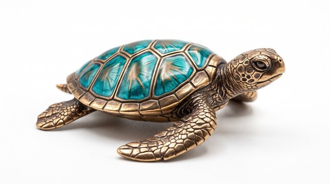 Bronze sea turtle figurine with teal enamel shell on white background