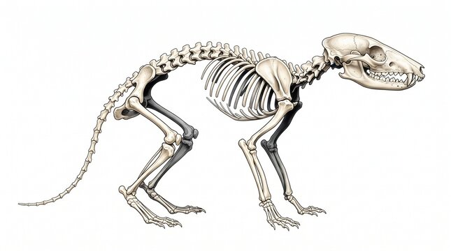 Antechinus anatomical skeleton drawing of a small quadruped mammal showing detailed bone structure facing towards the right side.