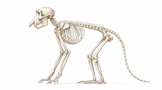 Proboscis monkey skeleton displays the intricate bone formation of a primate in a detailed and isolated scientific diagram.