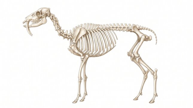Skeleton of an ancient sabertooth mammal illustrating long canine teeth and robust bone structure.