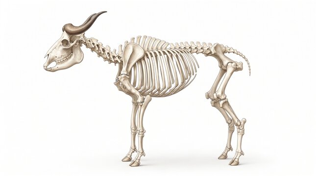 Golden takin skeleton depicting horns and bone structure isolated on a white background.